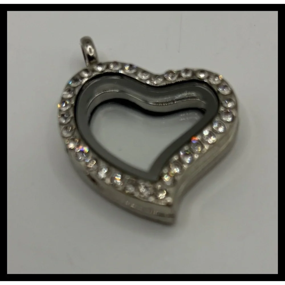 Floating Heart Locket Pendant Small Silver Rhinestone Charm